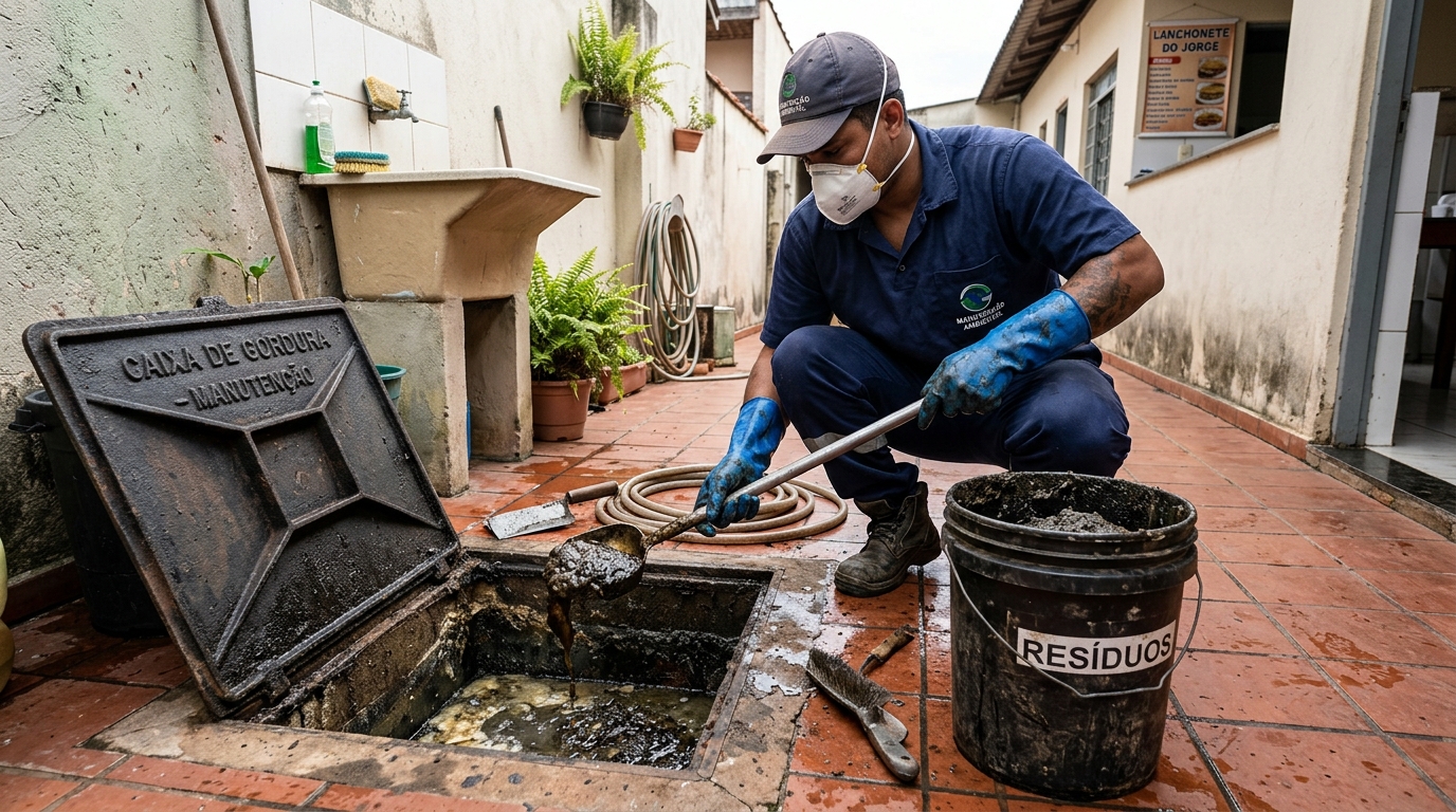 Remoção de resíduos da caixa de gordura em Santos‑SP