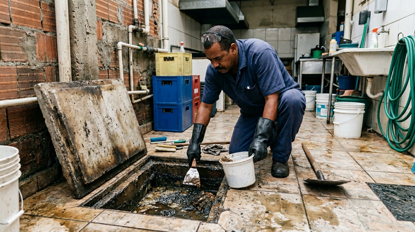Limpeza de caixa de gordura residencial em Santos‑SP